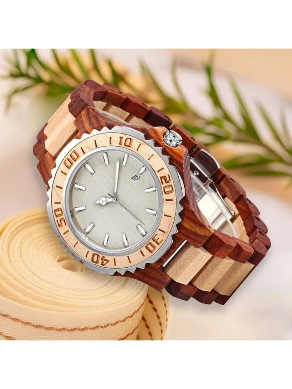 Mens Brown White Classic Handmade Skeletonized Bamboo Analog Quartz Wooden Watch